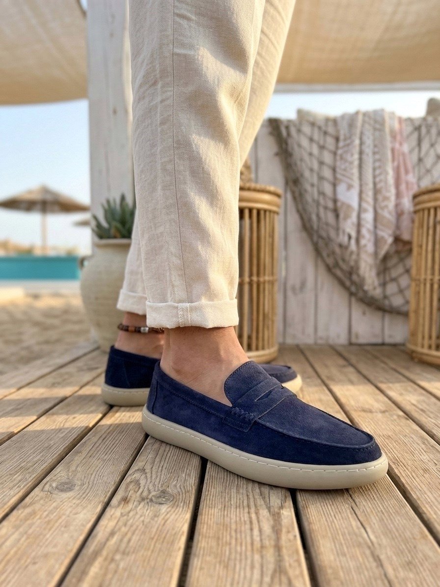 BA0251 %100 İçi Dışı Hakiki Deri Erkek Lacivert Süet Casual Loafer Kauçuk Rahat Taban Dikişli Ayakkabı