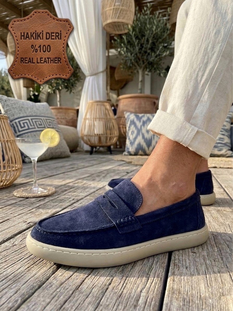 BA0251 %100 İçi Dışı Hakiki Deri Erkek Lacivert Süet Casual Loafer Kauçuk Rahat Taban Dikişli Ayakkabı
