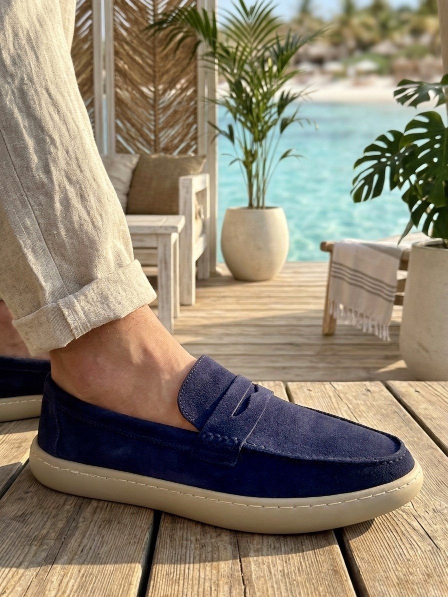 BA0251 %100 İçi Dışı Hakiki Deri Erkek Lacivert Süet Casual Loafer Kauçuk Rahat Taban Dikişli Ayakkabı