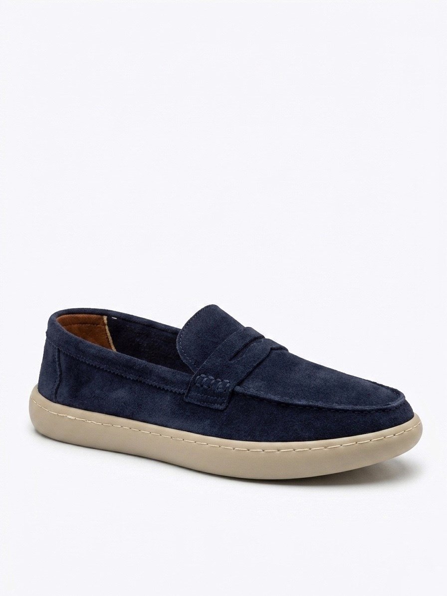 BA0251 %100 İçi Dışı Hakiki Deri Erkek Lacivert Süet Casual Loafer Kauçuk Rahat Taban Dikişli Ayakkabı