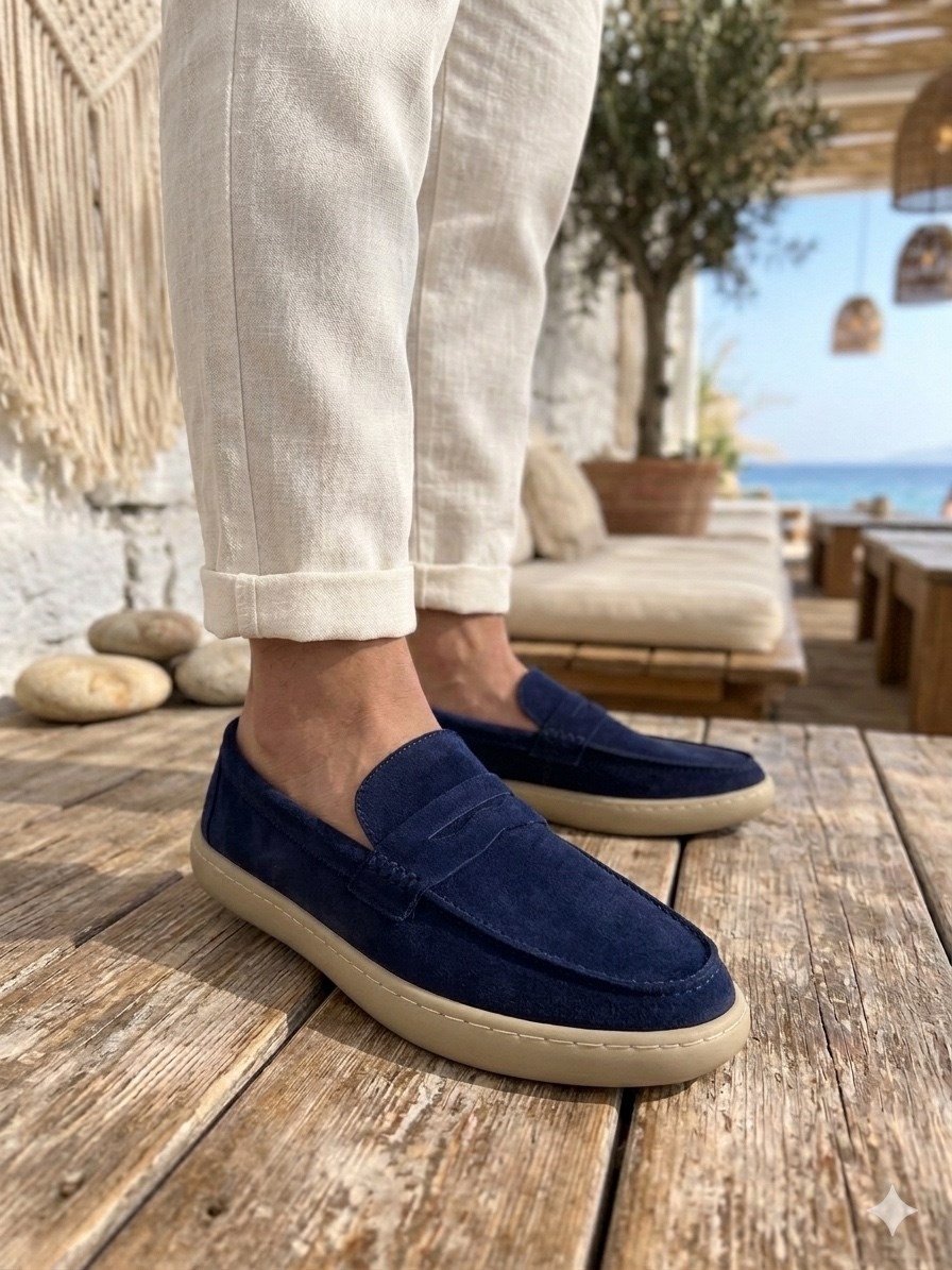 BA0251 %100 İçi Dışı Hakiki Deri Erkek Lacivert Süet Casual Loafer Kauçuk Rahat Taban Dikişli Ayakkabı