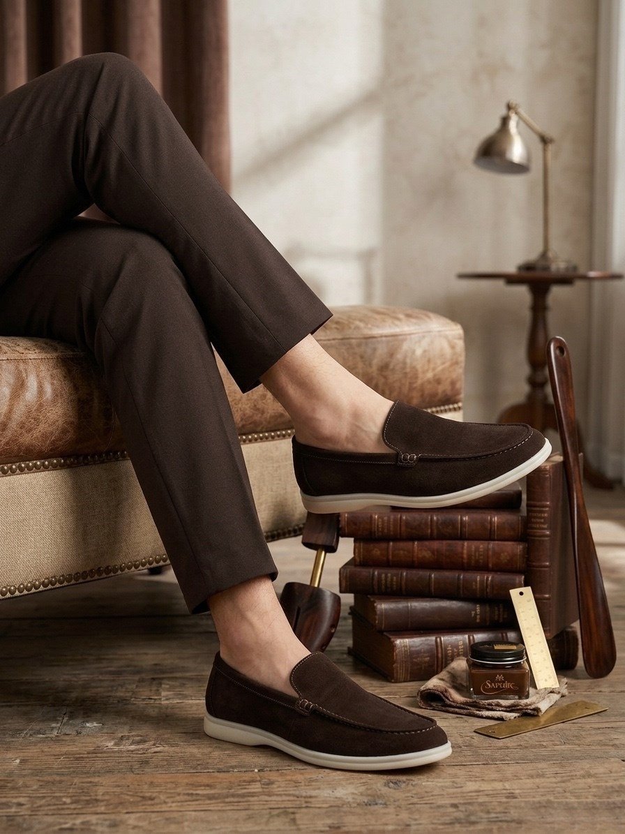 BA0252 %100 İçi Dışı Hakiki Deri Erkek Kahverengi Süet Casual Loafer Termo Taban Ayakkabı