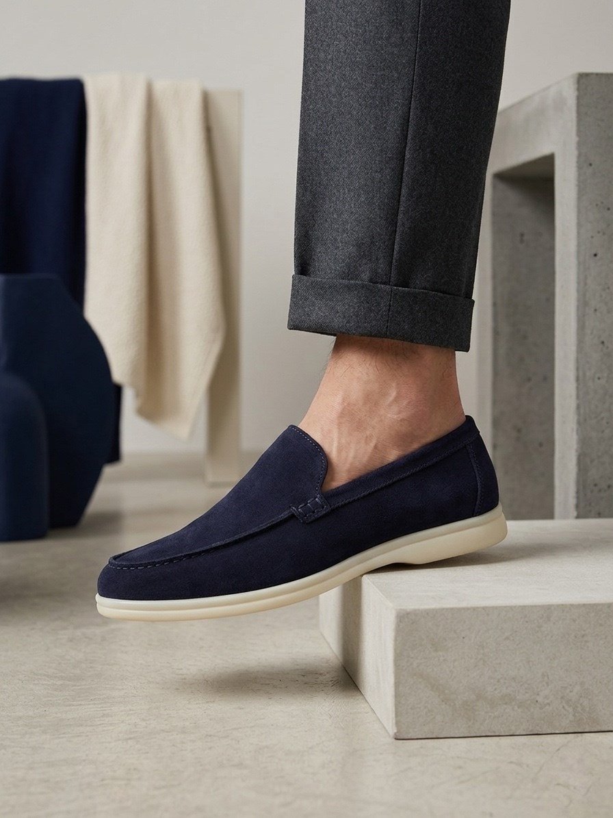 BA0252 %100 İçi Dışı Hakiki Deri Erkek Lacivert Süet Casual Loafer Termo Taban Ayakkabı