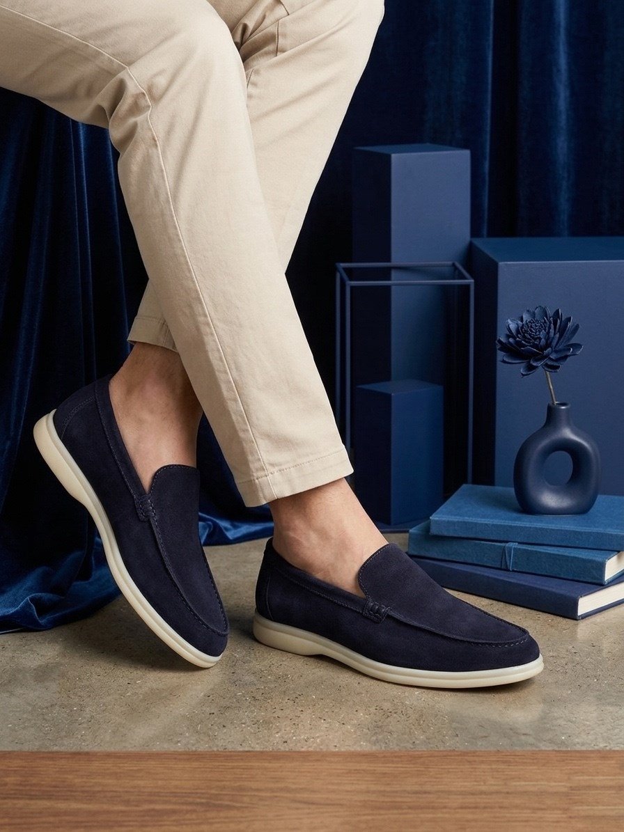BA0252 %100 İçi Dışı Hakiki Deri Erkek Lacivert Süet Casual Loafer Termo Taban Ayakkabı