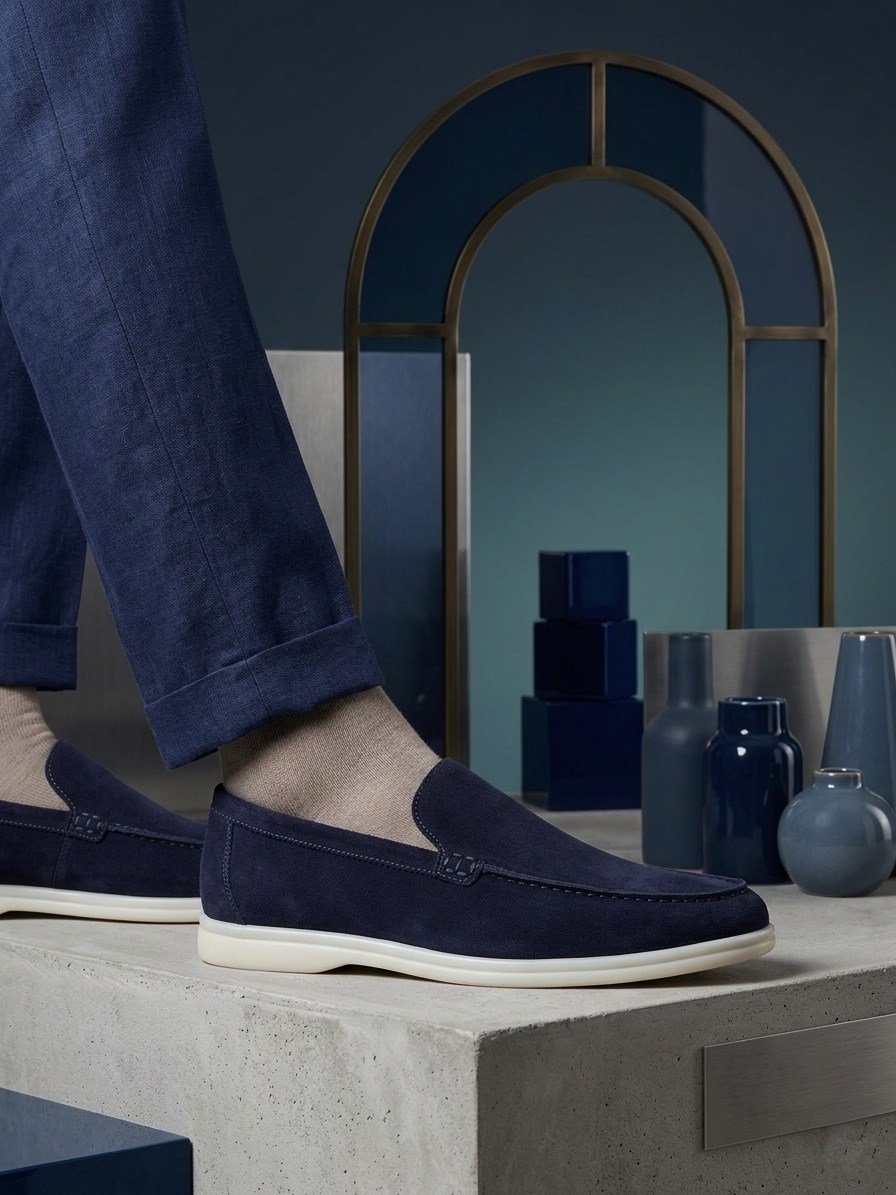 BA0252 %100 İçi Dışı Hakiki Deri Erkek Lacivert Süet Casual Loafer Termo Taban Ayakkabı