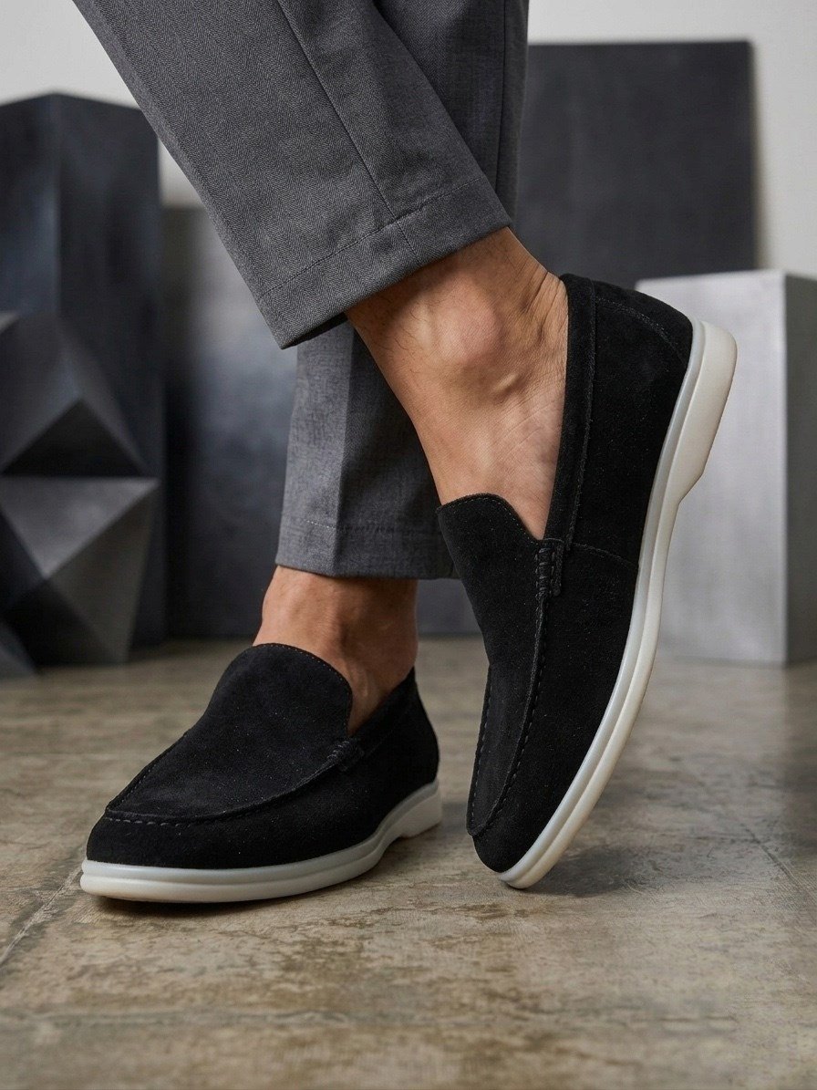 BA0252 %100 İçi Dışı Hakiki Deri Erkek Siyah Süet Casual Loafer Termo Taban Ayakkabı