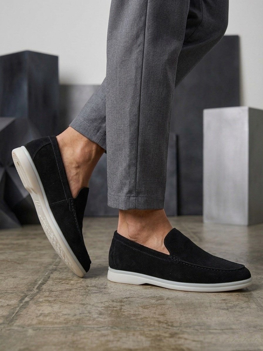 BA0252 %100 İçi Dışı Hakiki Deri Erkek Siyah Süet Casual Loafer Termo Taban Ayakkabı