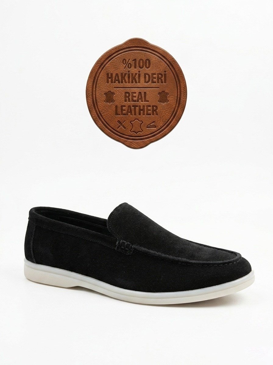BA0252 %100 İçi Dışı Hakiki Deri Erkek Siyah Süet Casual Loafer Termo Taban Ayakkabı