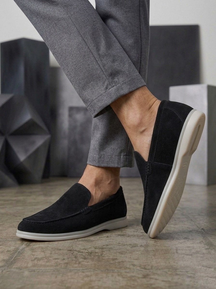 BA0252 %100 İçi Dışı Hakiki Deri Erkek Siyah Süet Casual Loafer Termo Taban Ayakkabı