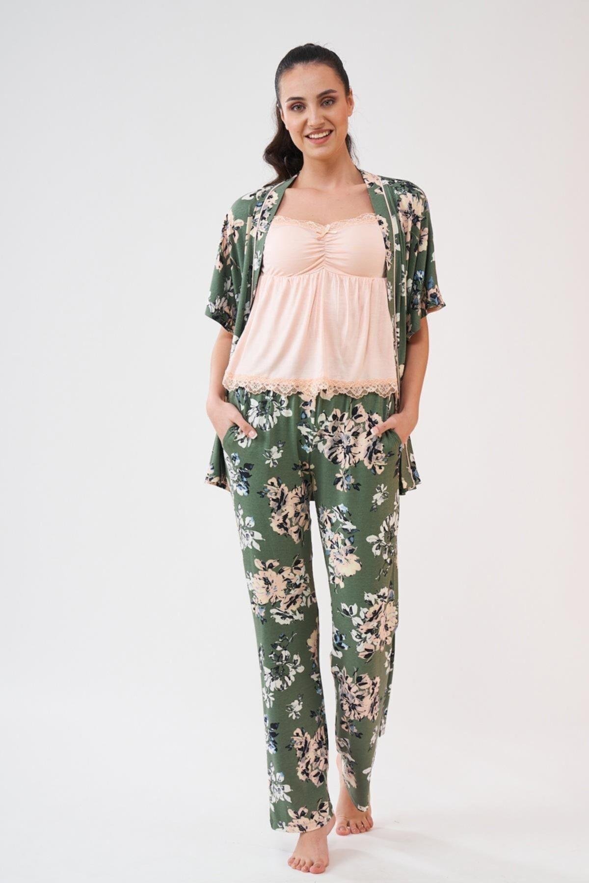 23107 Kadın Desenli Sabahlık Pijama Takım