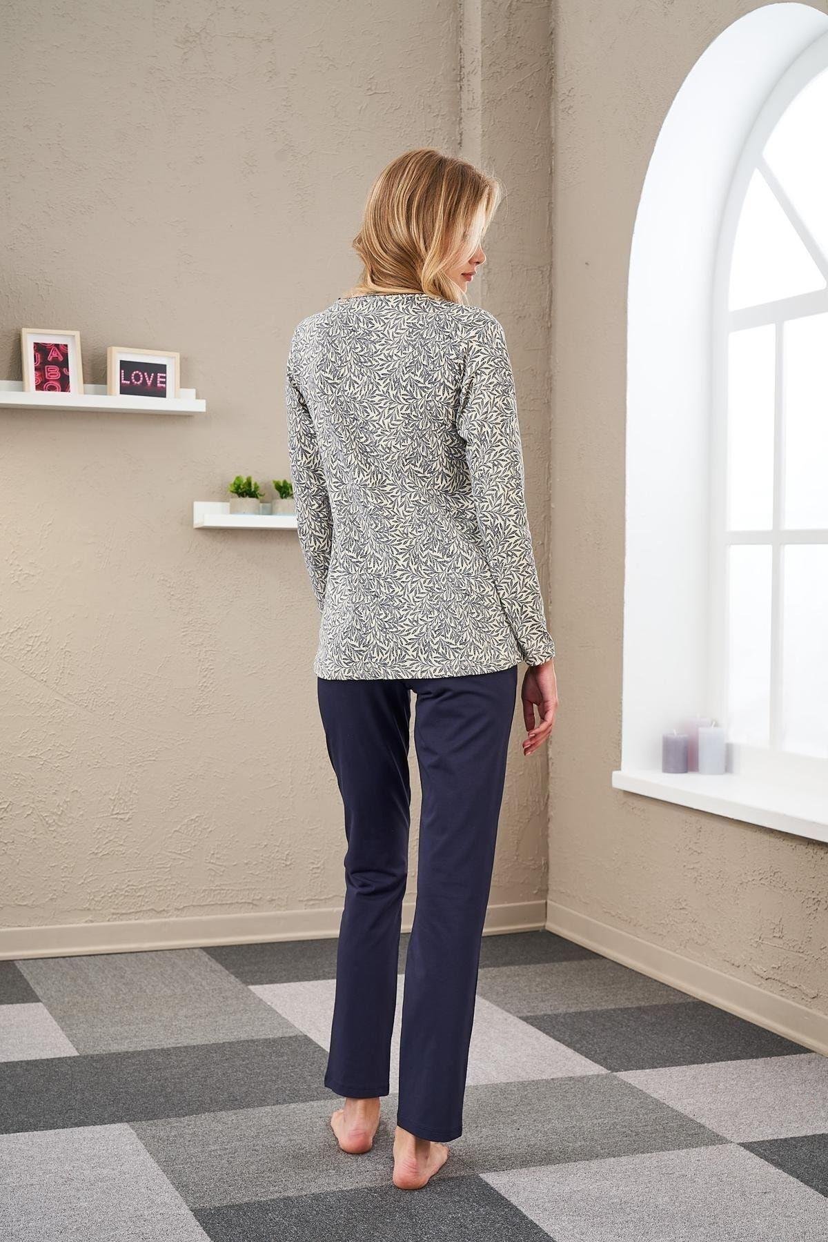 23527 Kadın Düğmeli Desenli Pijama Takım