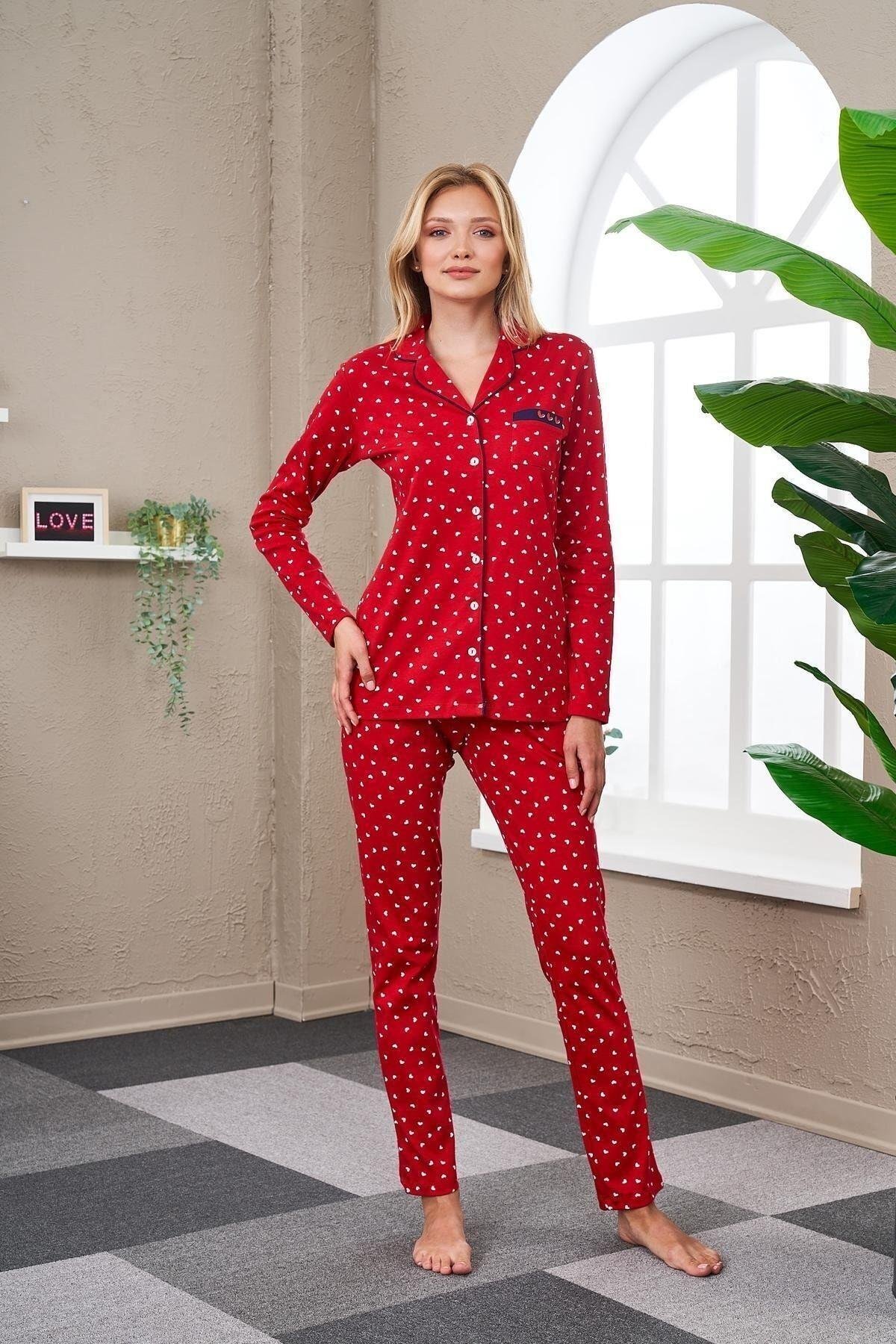 23533 Kadın Desenli Düğmeli Pijama Takım