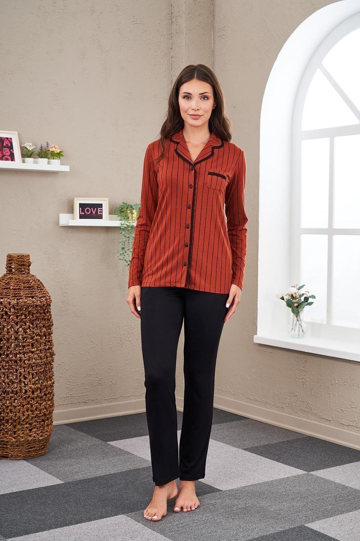 23538 Kadın Düğmeli Çizgili Pijama Takım
