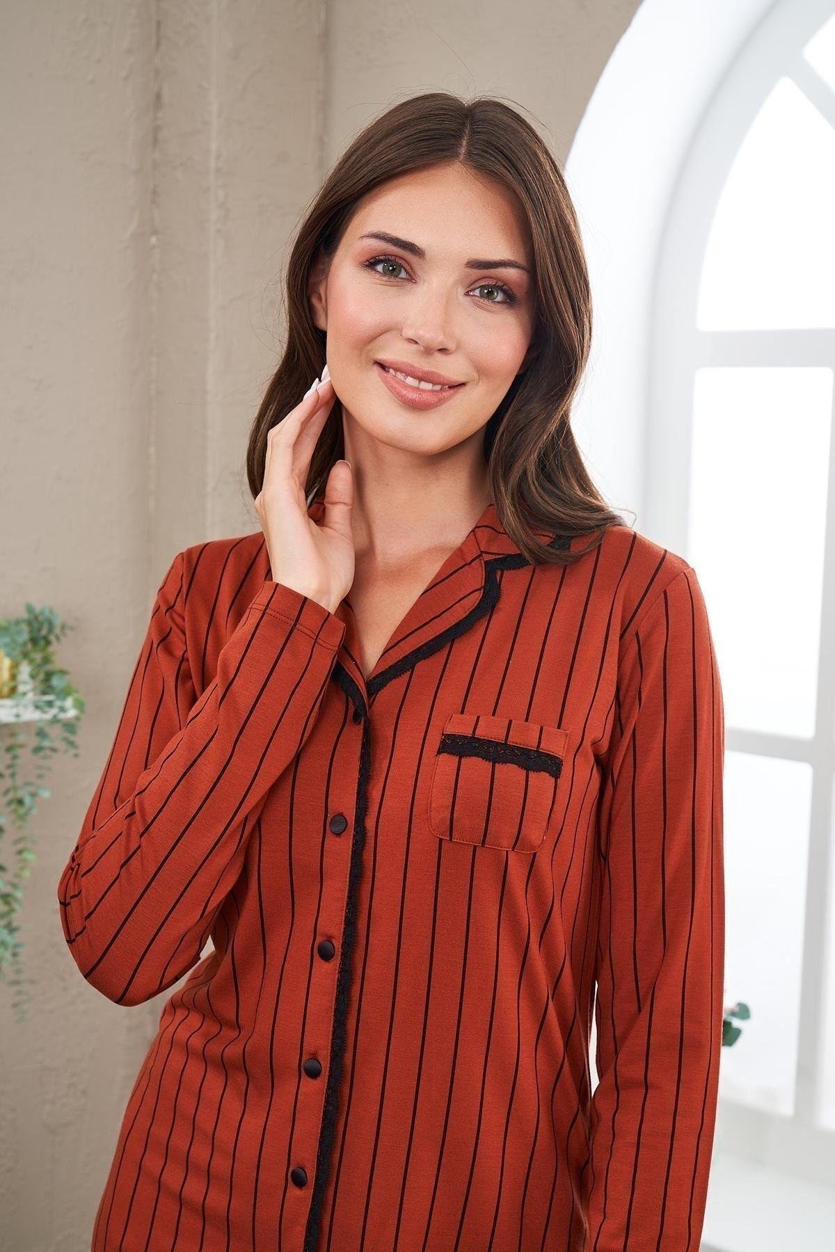 23538 Kadın Düğmeli Çizgili Pijama Takım