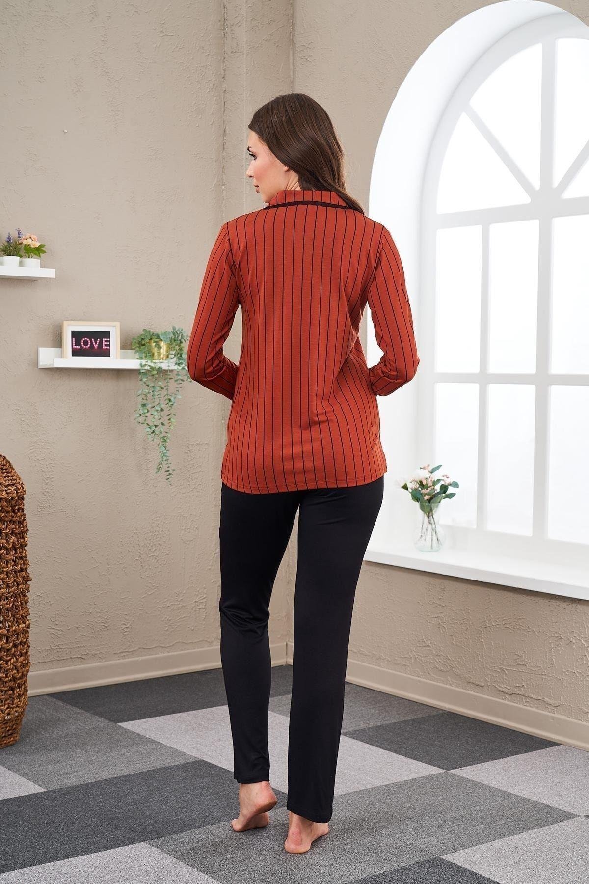 23538 Kadın Düğmeli Çizgili Pijama Takım