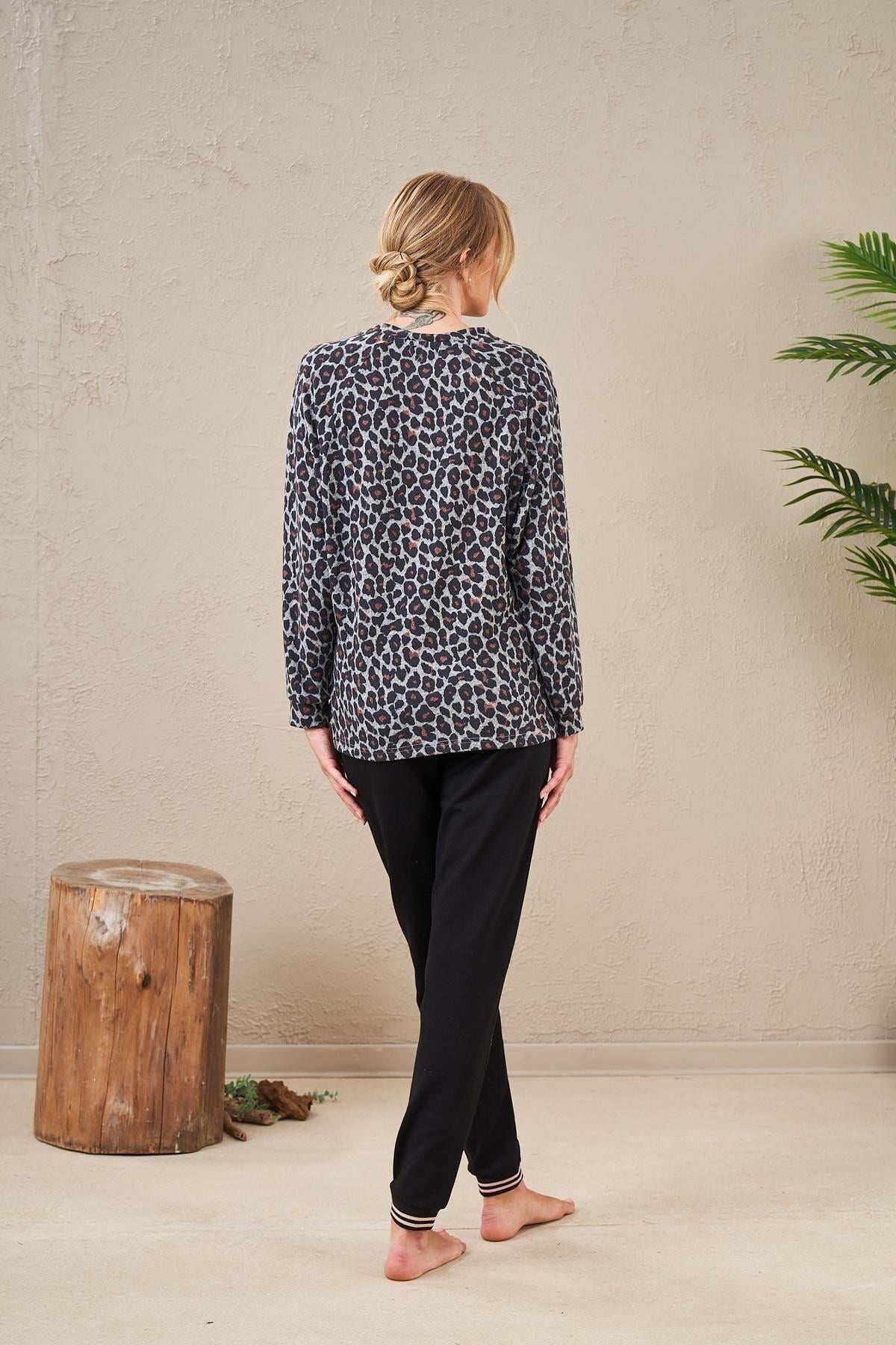 23577 Kadın Leopar Desen Pijama Takım