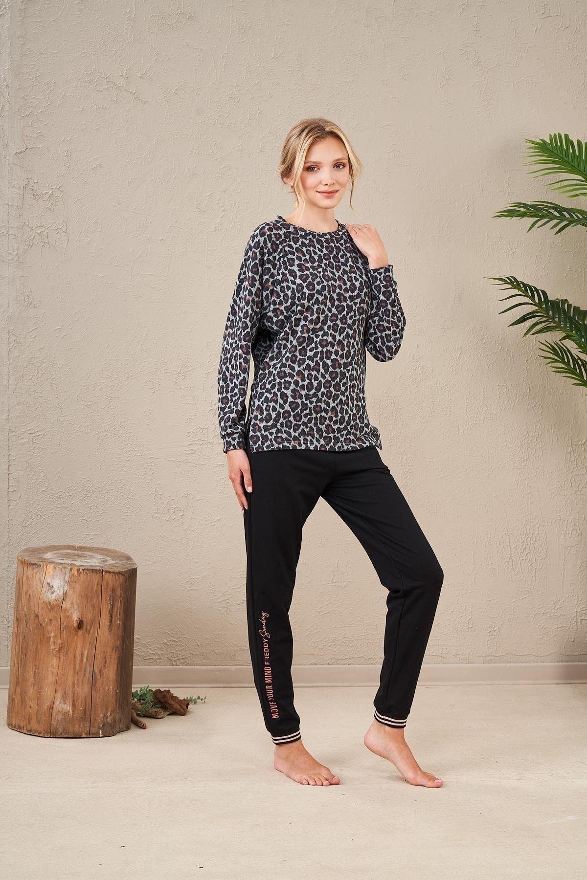 23577 Kadın Leopar Desen Pijama Takım