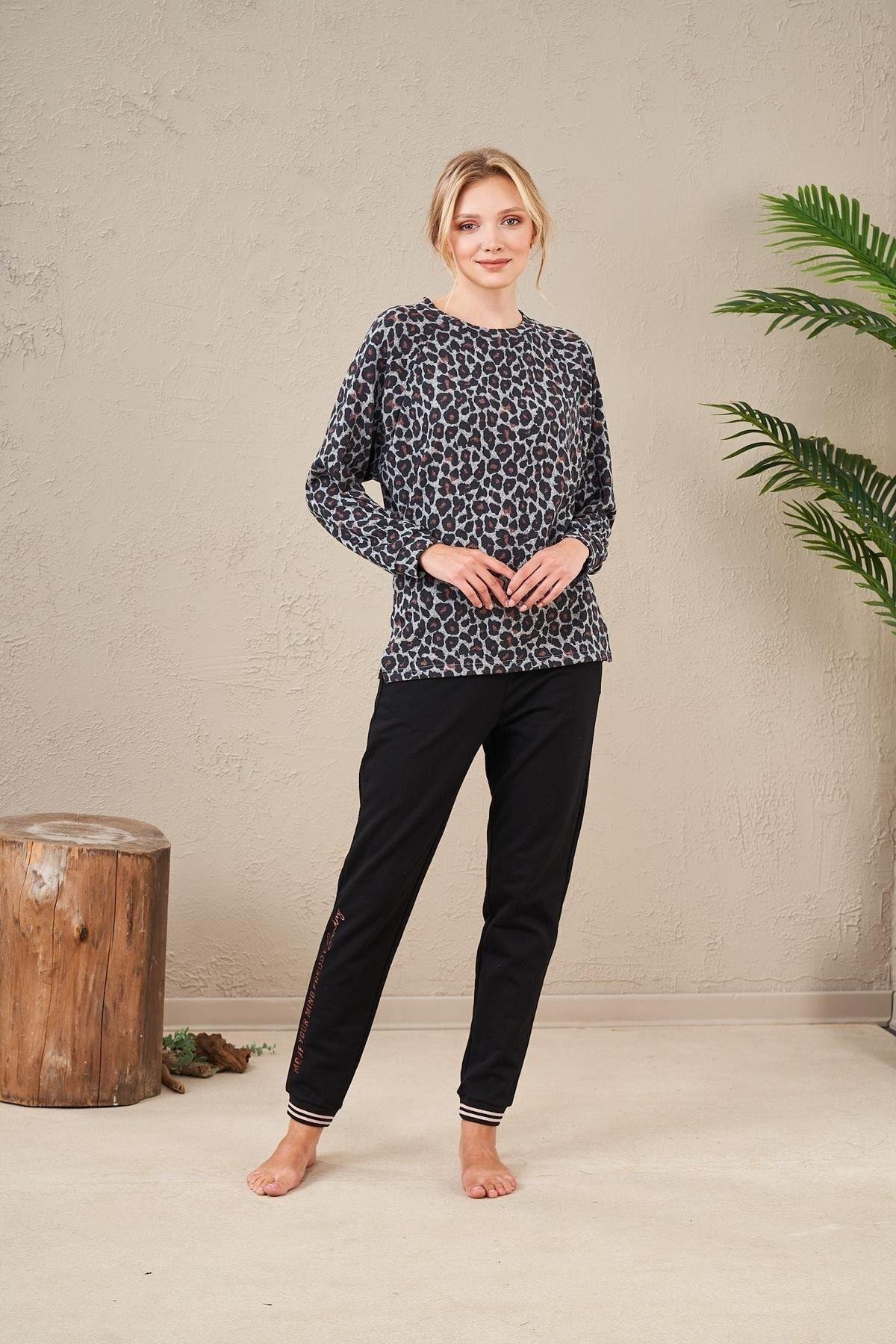 23577 Kadın Leopar Desen Pijama Takım