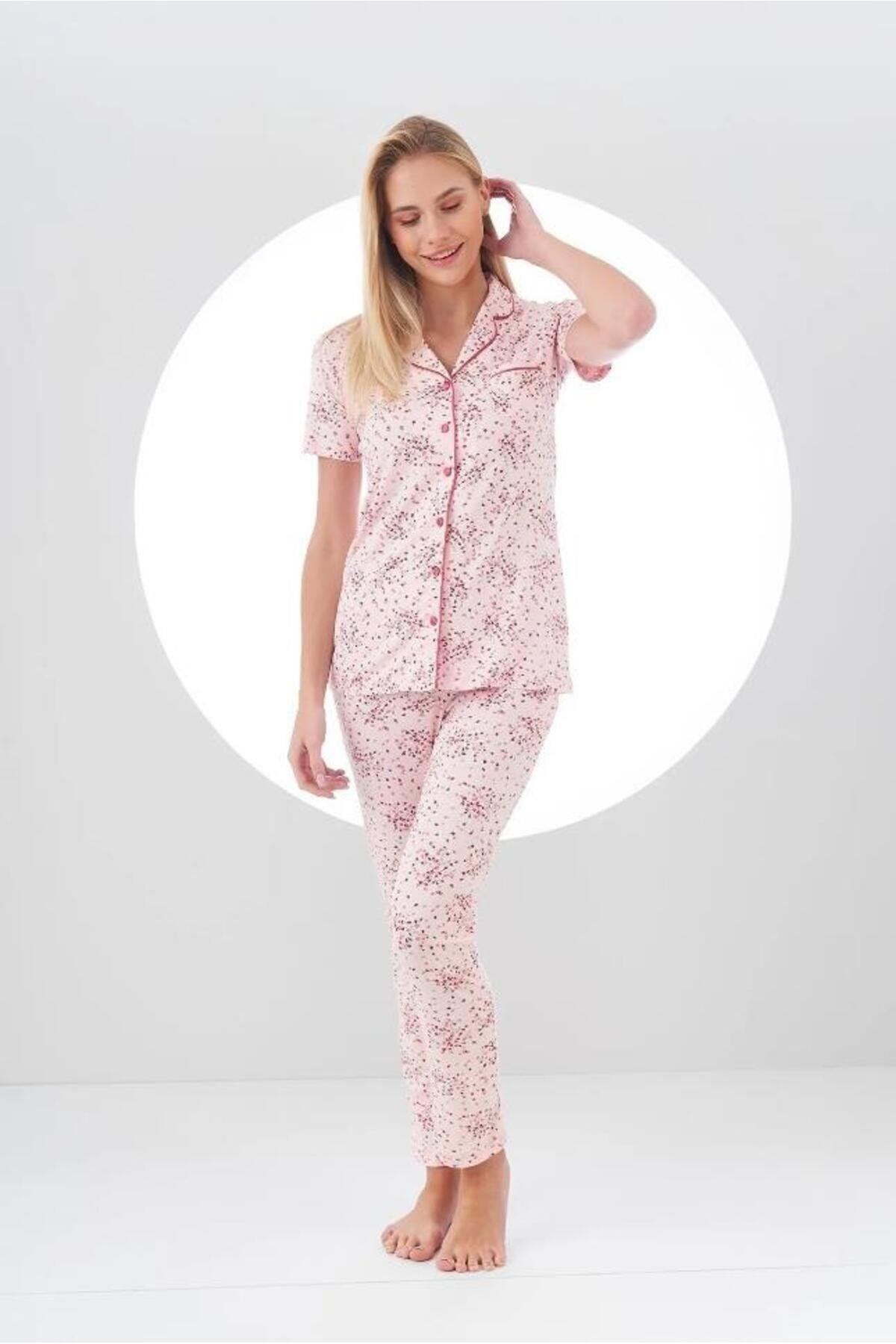 24105 Kadın Desenli Düğmeli Pijama Takım