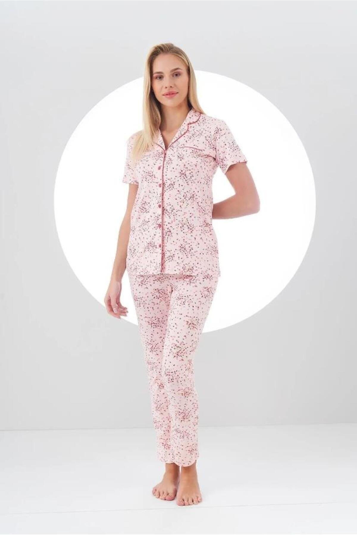 24105 Kadın Desenli Düğmeli Pijama Takım