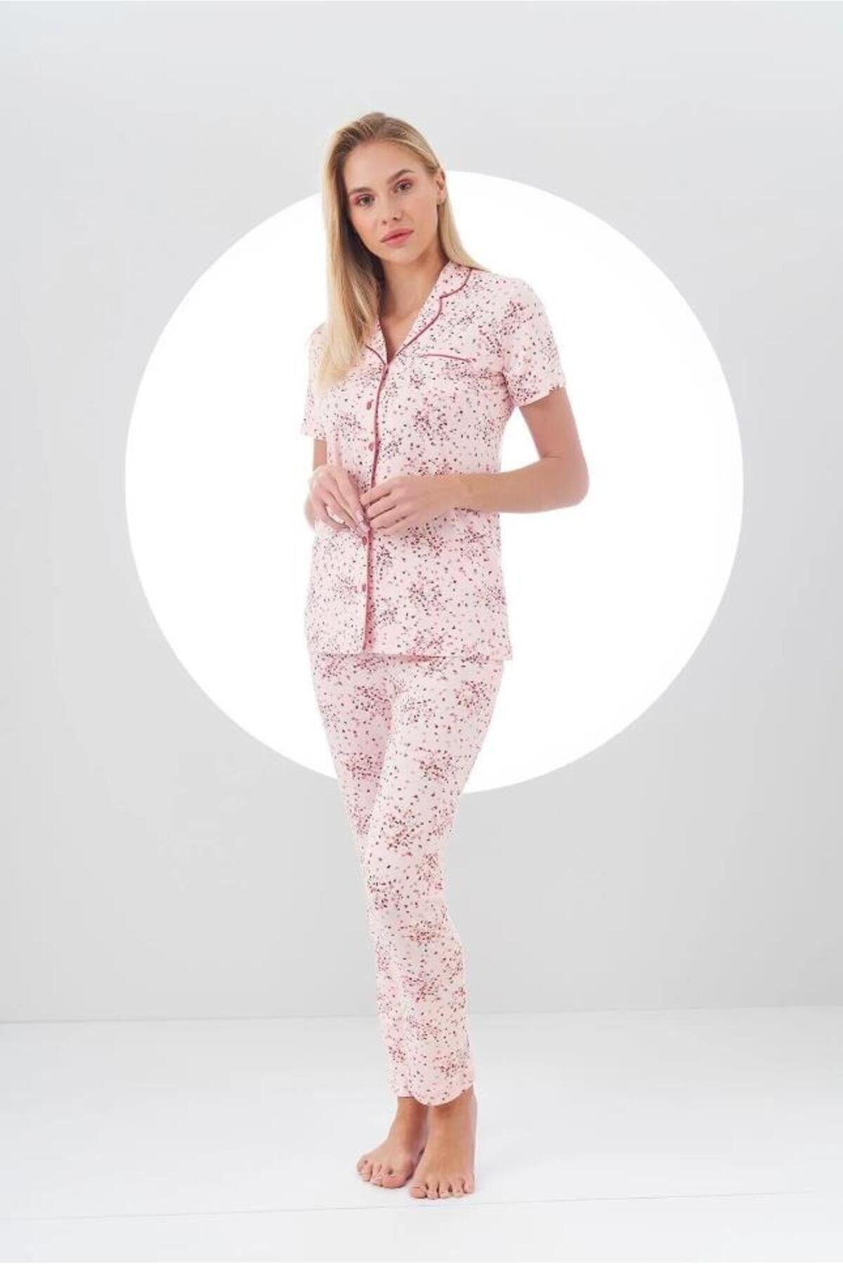 24105 Kadın Desenli Düğmeli Pijama Takım