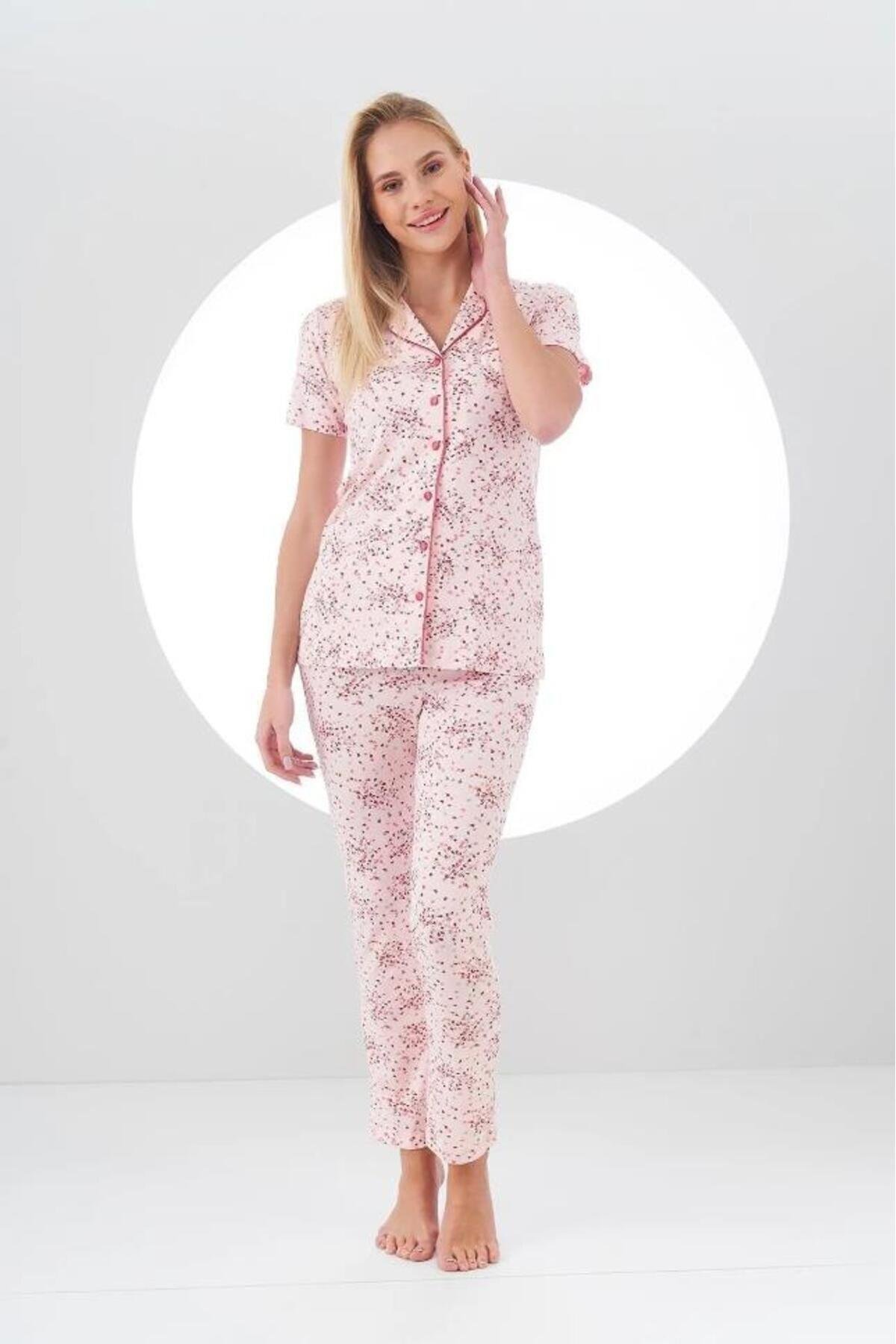 24105 Kadın Desenli Düğmeli Pijama Takım