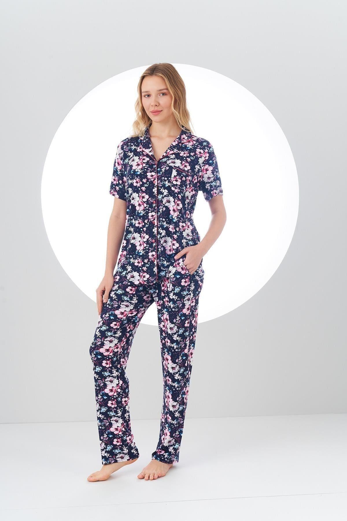 24107 Kadın Desenli Düğmeli Pijama Takım