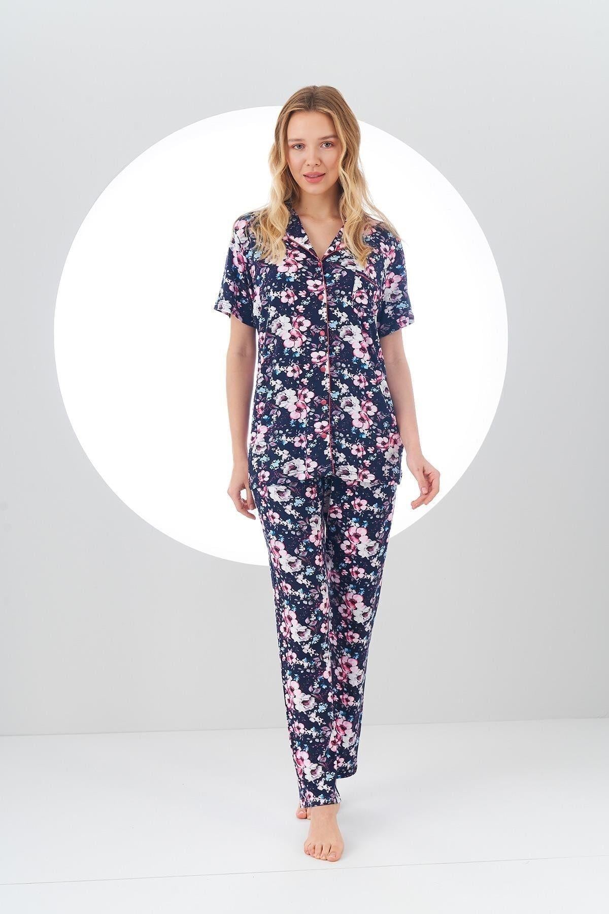 24107 Kadın Desenli Düğmeli Pijama Takım