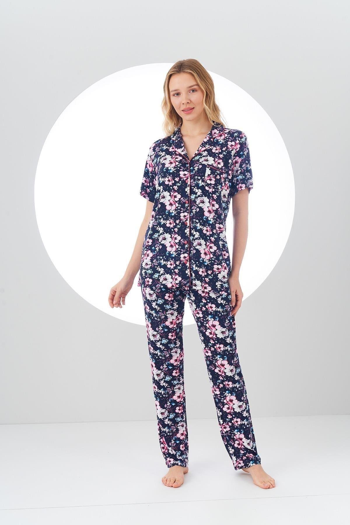 24107 Kadın Desenli Düğmeli Pijama Takım