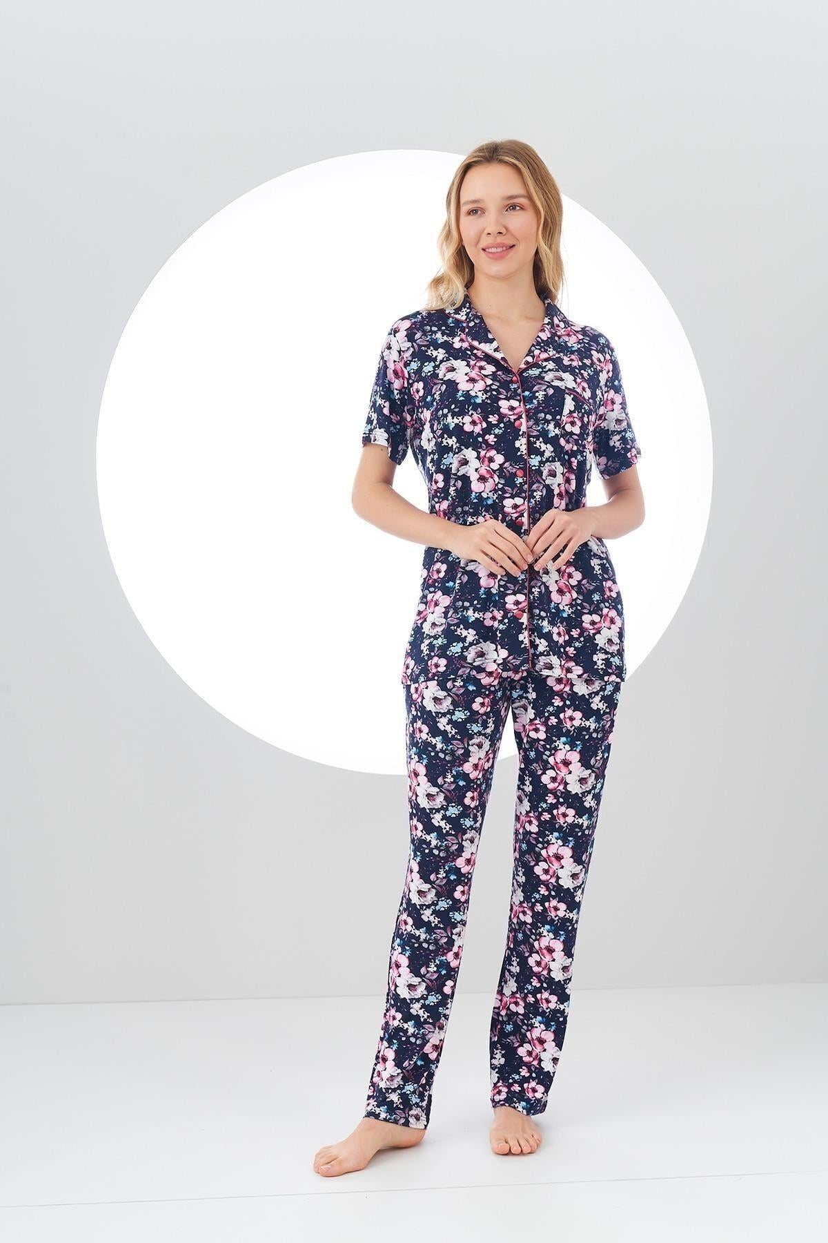 24107 Kadın Desenli Düğmeli Pijama Takım