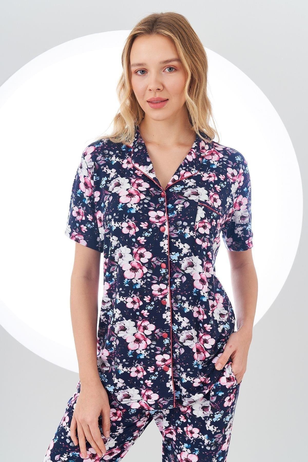 24107 Kadın Desenli Düğmeli Pijama Takım