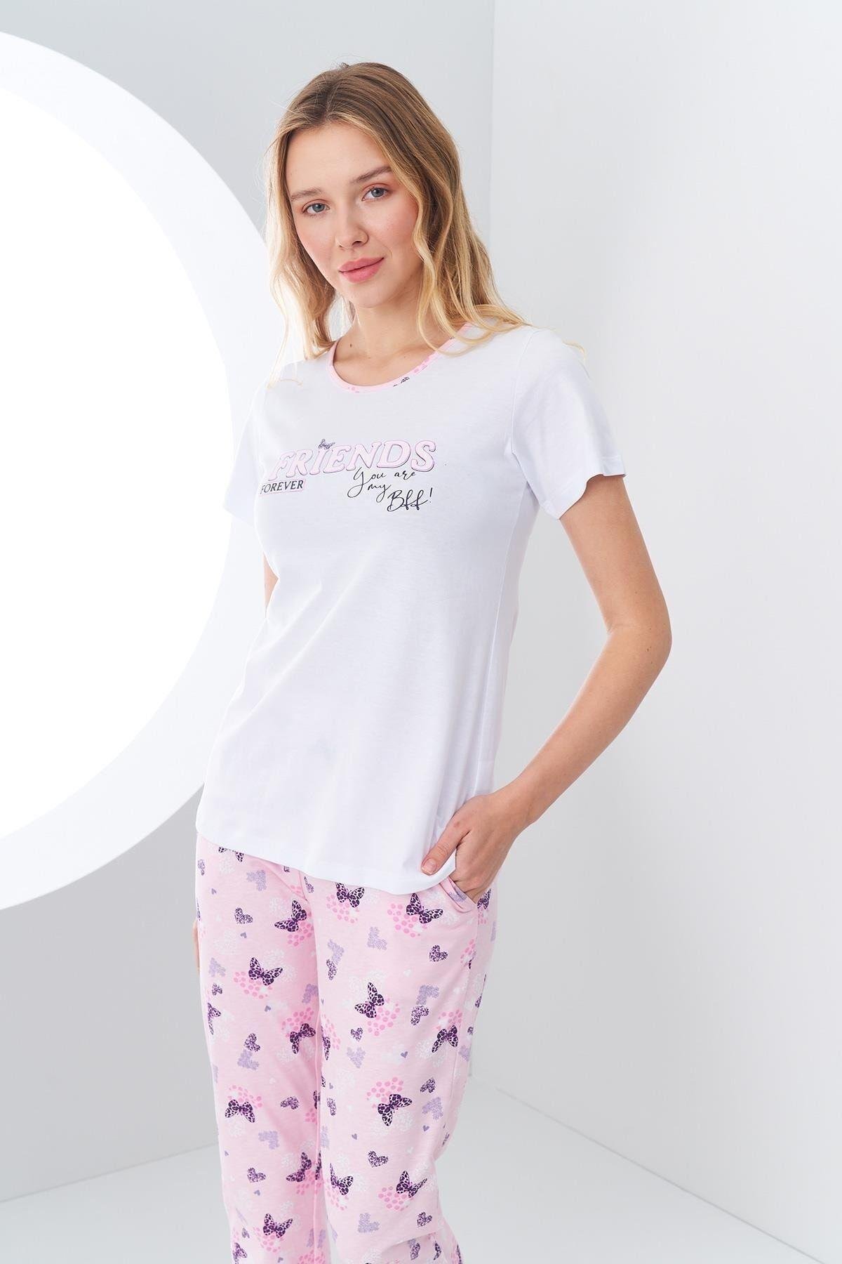 24147 Kadın Baskılı Alt Desenli Pijama Takım
