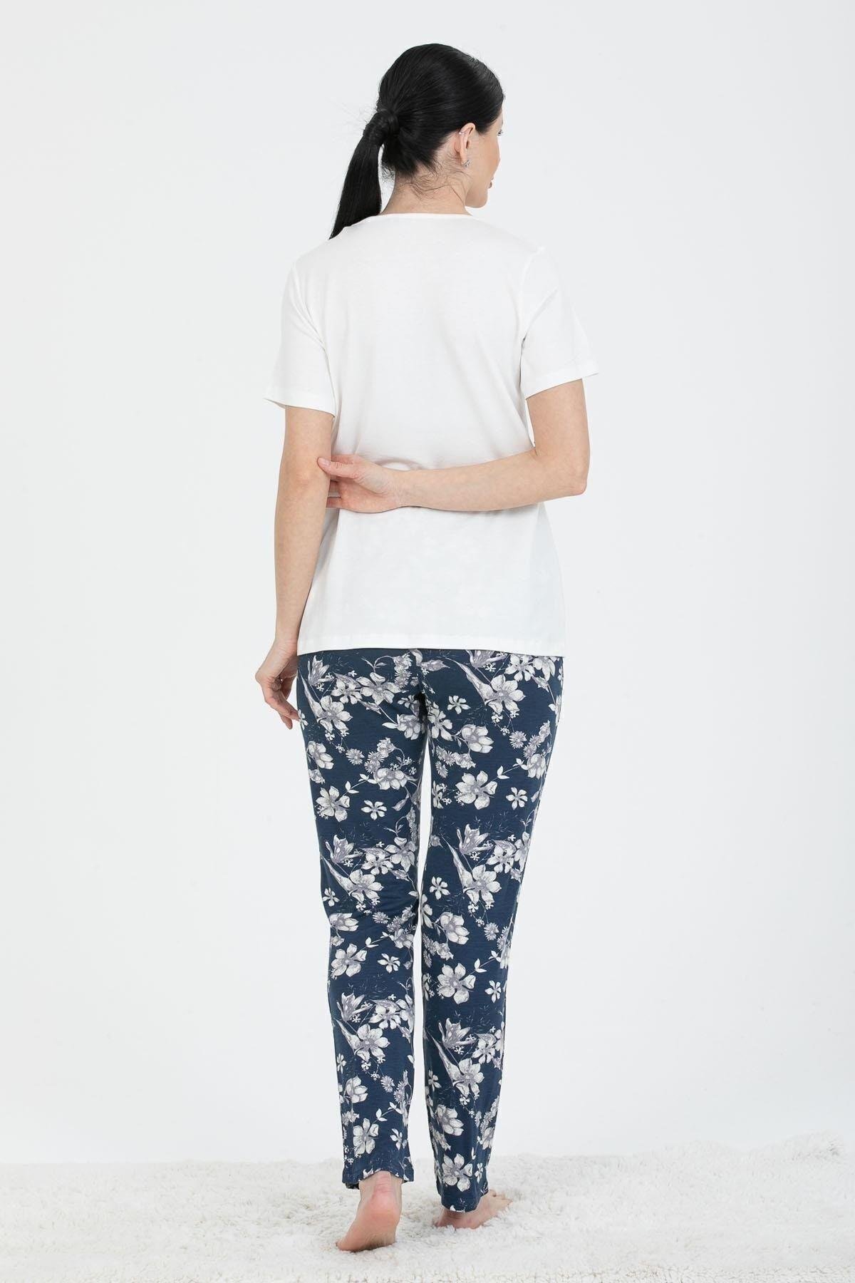 24227 Kadın Lacivert Gri Çiçek Desenli Kısa Kollu Pijama Takım