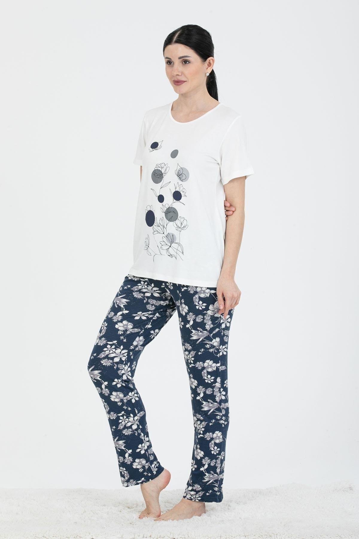 24227 Kadın Lacivert Gri Çiçek Desenli Kısa Kollu Pijama Takım