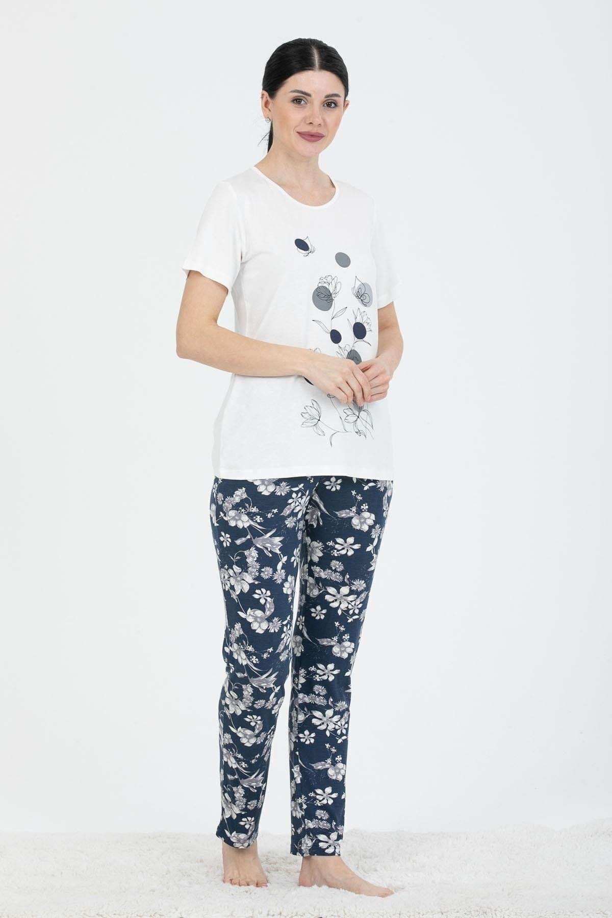 24227 Kadın Lacivert Gri Çiçek Desenli Kısa Kollu Pijama Takım