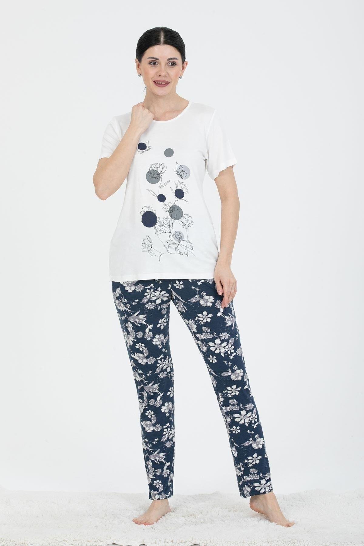 24227 Kadın Lacivert Gri Çiçek Desenli Kısa Kollu Pijama Takım