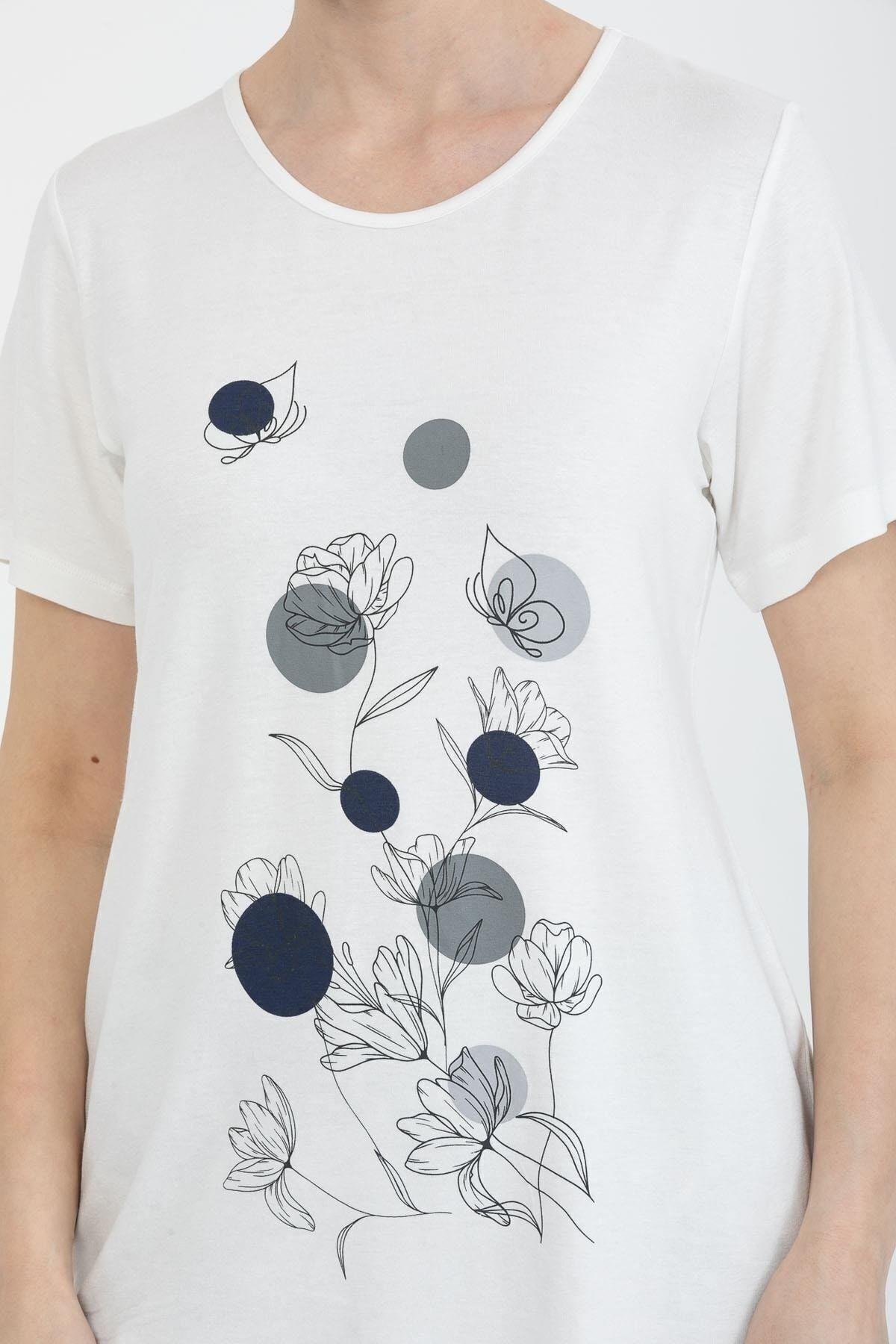 24227 Kadın Lacivert Gri Çiçek Desenli Kısa Kollu Pijama Takım
