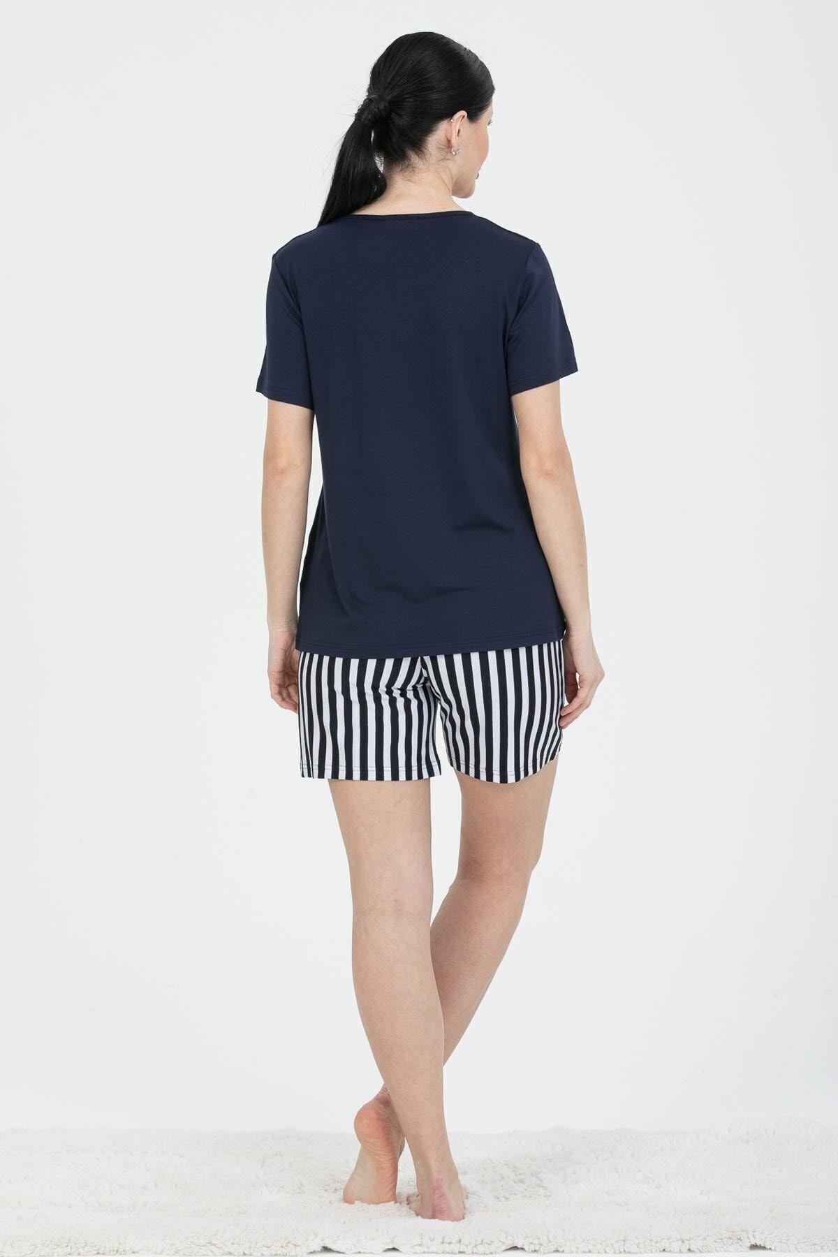 24230 Kadın Şortu Lacivert Beyaz Çizgili Üst Şort Takım