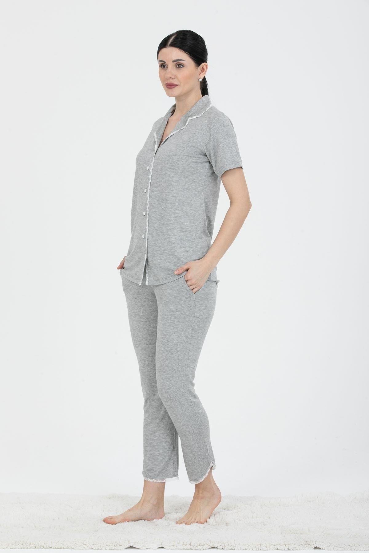24243 Kadın Düğmeli Dantel Detaylı Kısa Kollu Pijama Takım