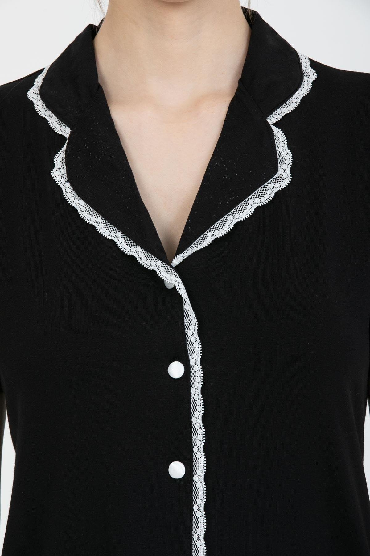 24243 Kadın Düğmeli Dantel Detaylı Kısa Kollu Pijama Takım