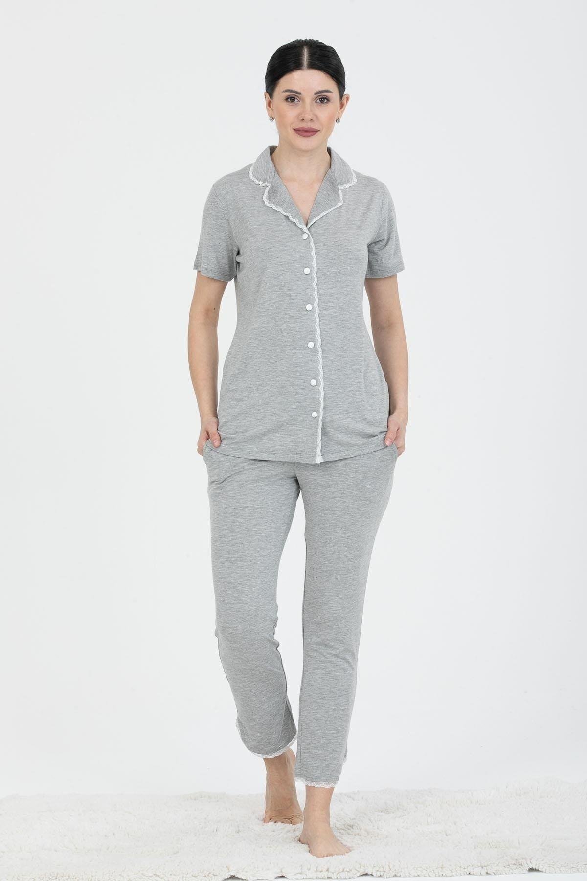 24243 Kadın Düğmeli Dantel Detaylı Kısa Kollu Pijama Takım