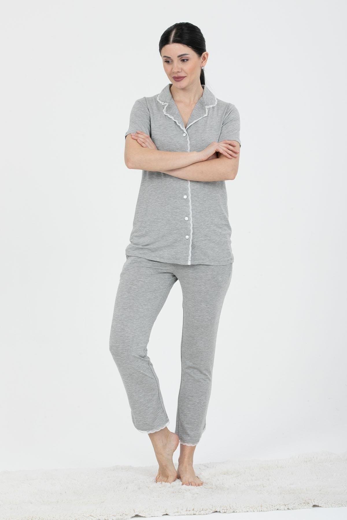 24243 Kadın Düğmeli Dantel Detaylı Kısa Kollu Pijama Takım
