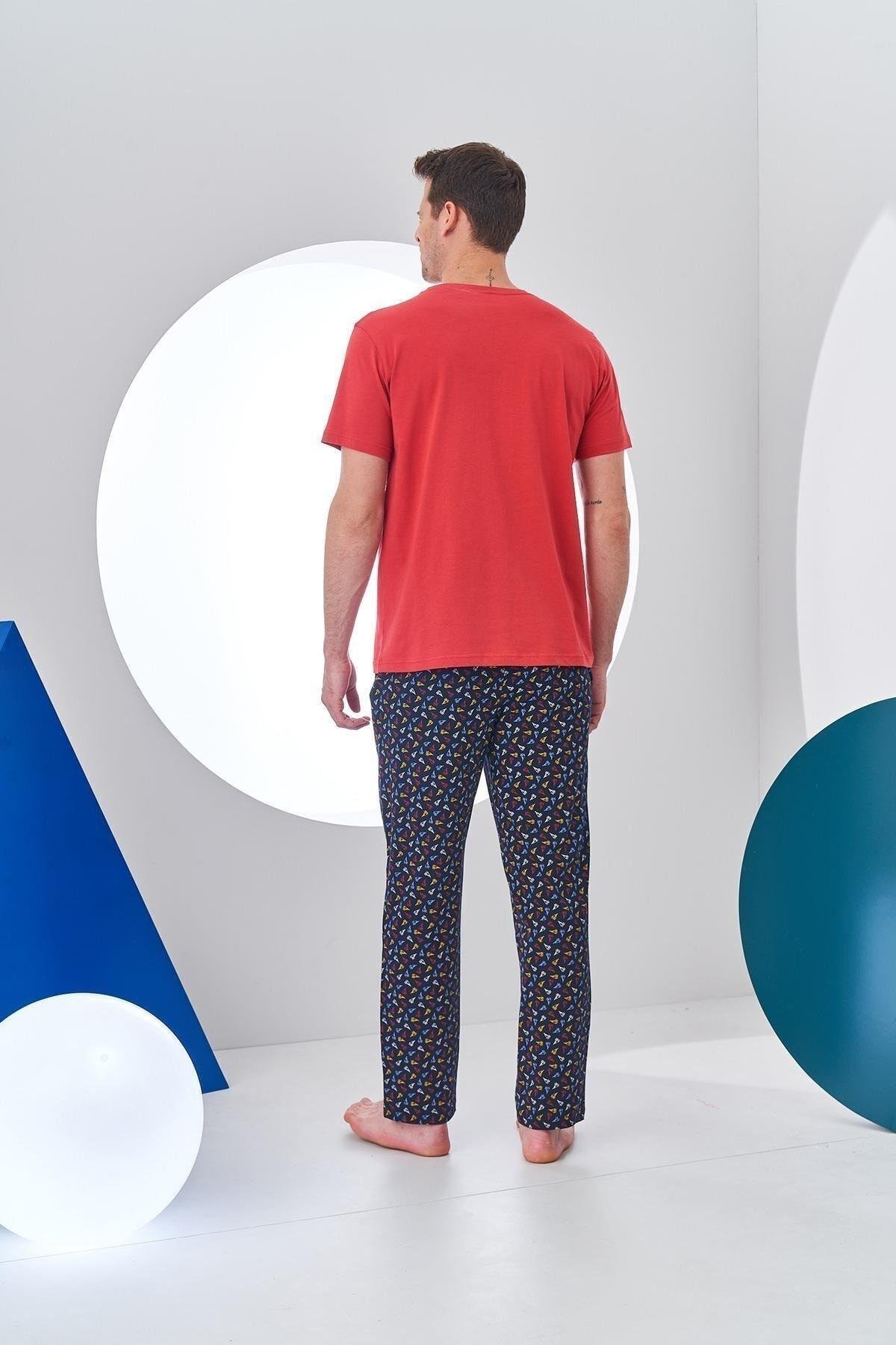 24306 Erkek V Yaka Desenli Pijama Takım