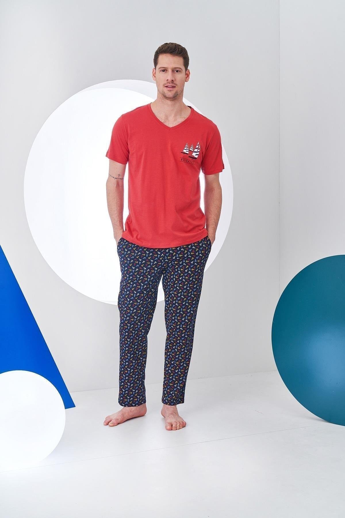 24306 Erkek V Yaka Desenli Pijama Takım