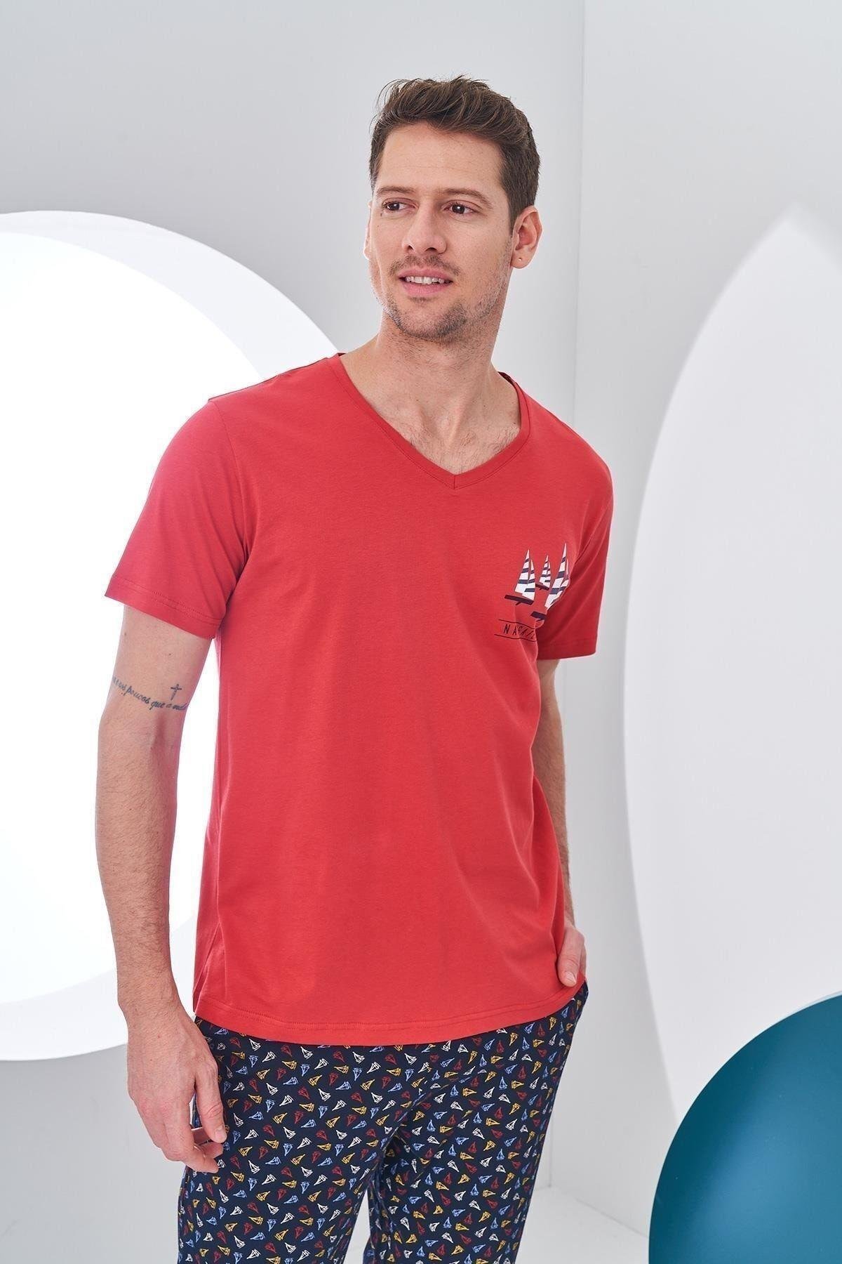 24306 Erkek V Yaka Desenli Pijama Takım