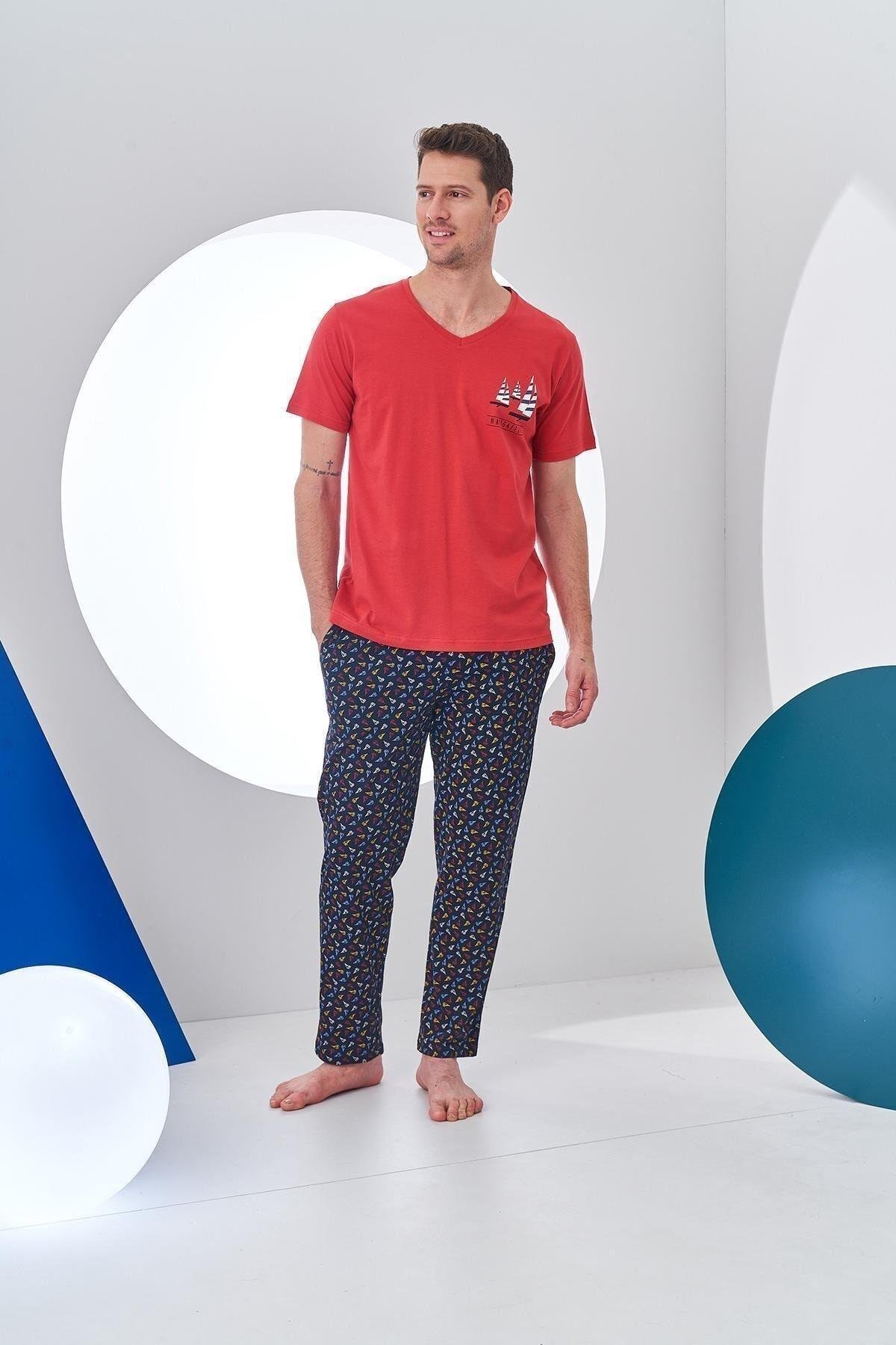 24306 Erkek V Yaka Desenli Pijama Takım