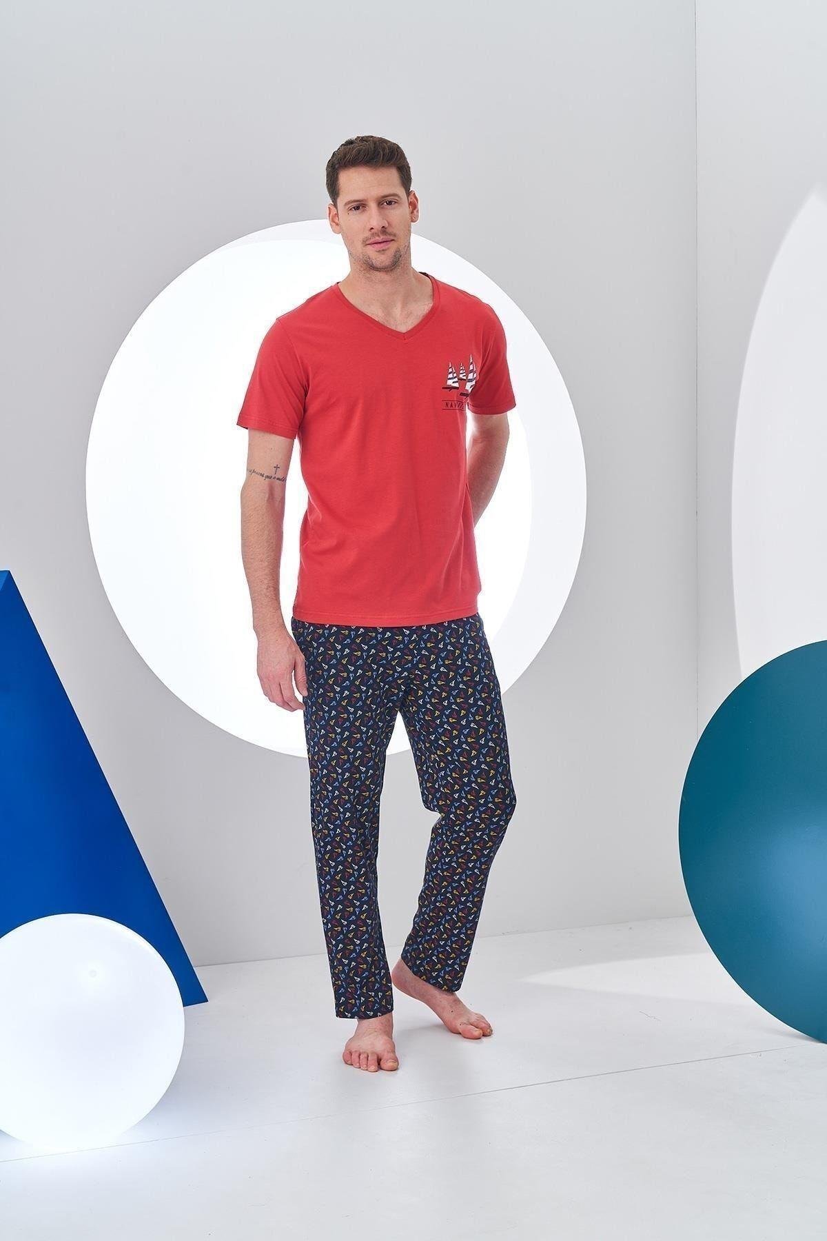 24306 Erkek V Yaka Desenli Pijama Takım