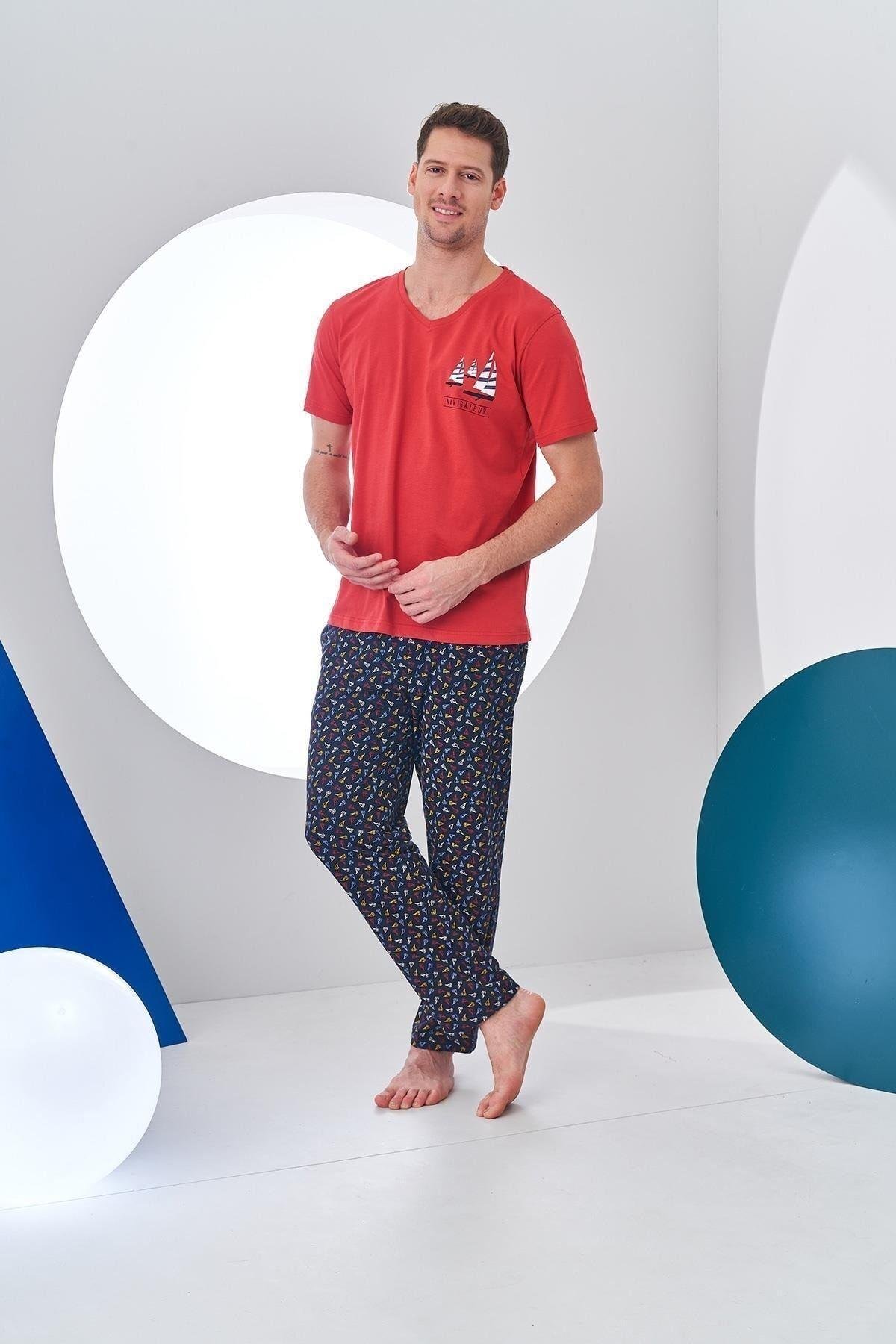 24306 Erkek V Yaka Desenli Pijama Takım