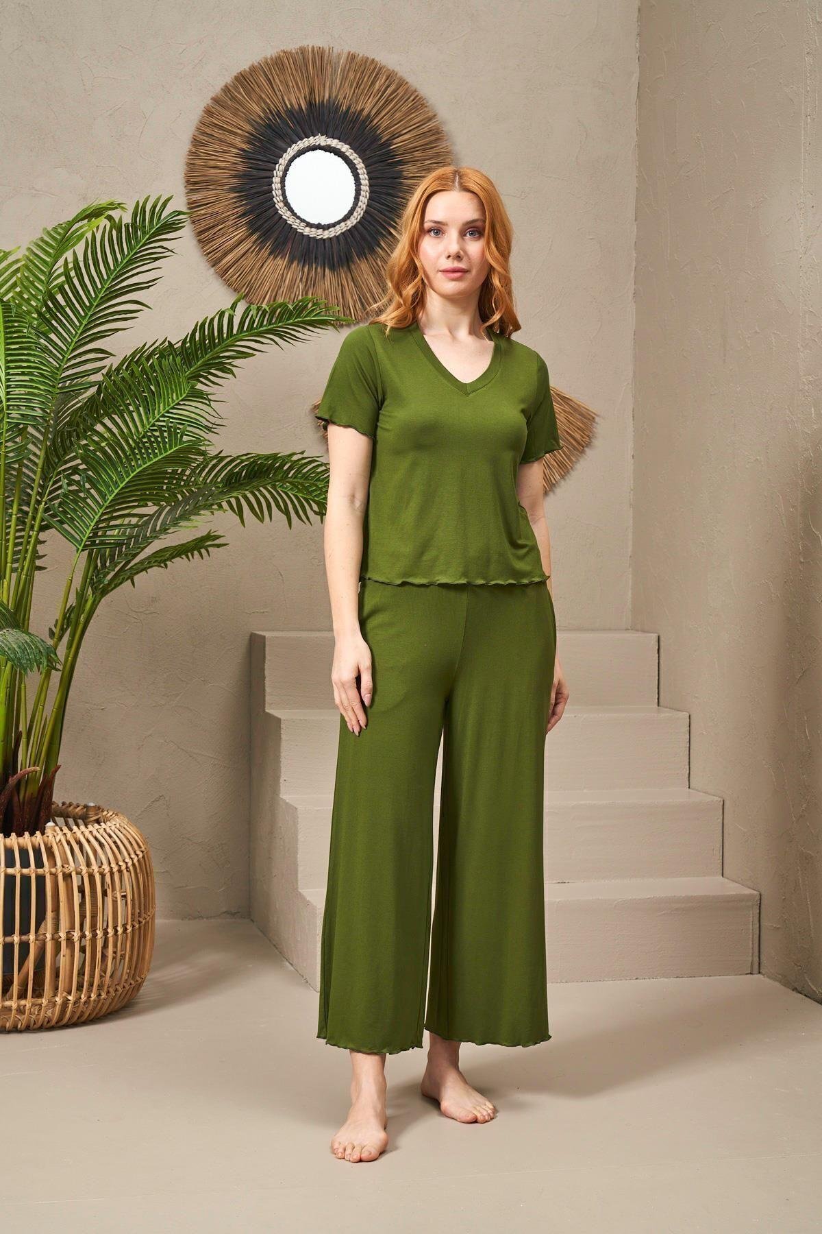 25109 Kadın V Yaka Kısa Kollu Bol Paçalı Pijama Takım