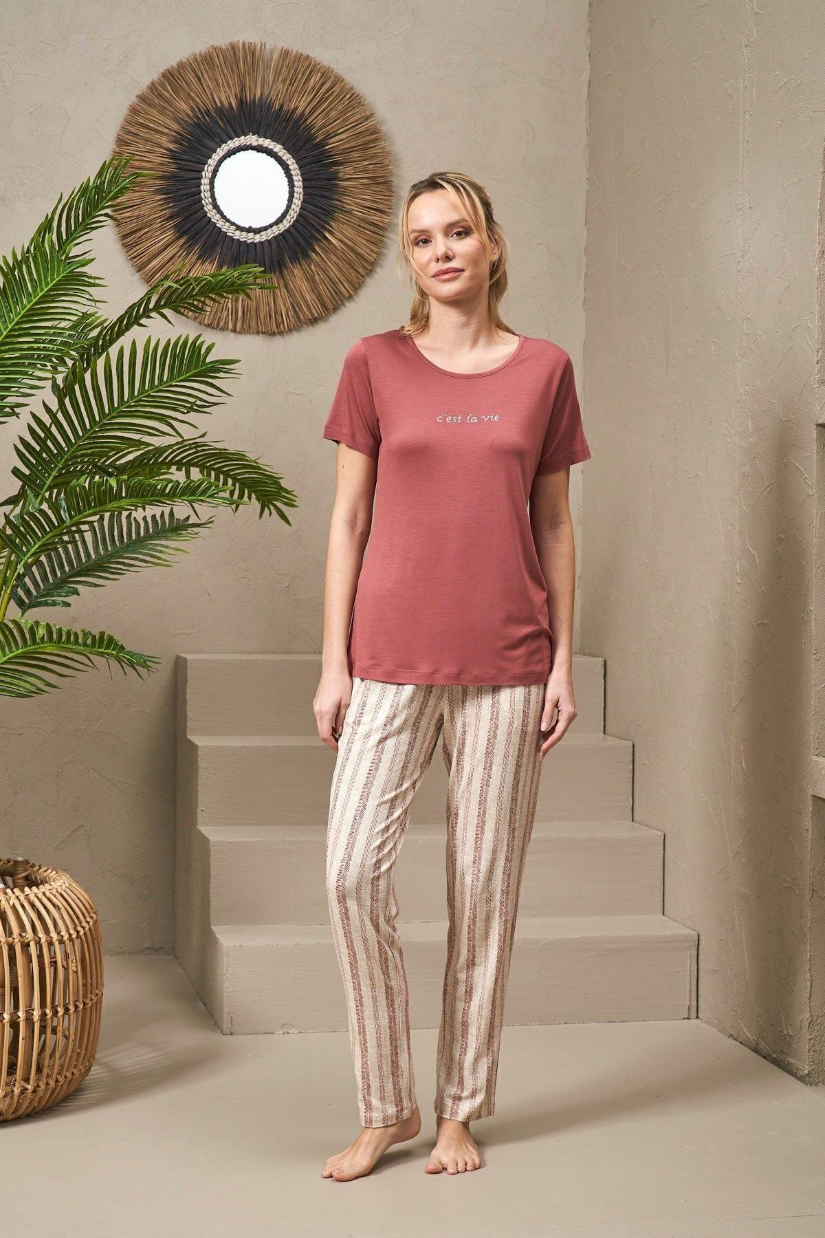 25135 Kadın Yuvarlak Yaka Inci Taş Baskılı Çizgili Pijama Takım